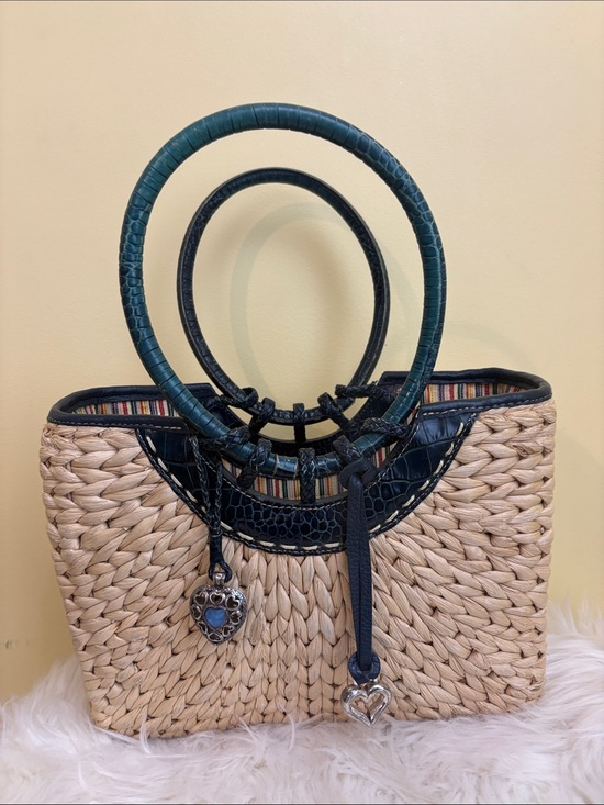 Brighton Handbags - Brighton | Woven Straw Structured Dark Green Croc-Texture Top Handles Tote Bag